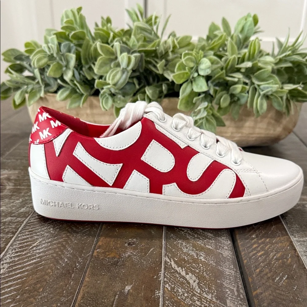 NWT Michael Kors Poppy Graphic Logo Leather Sneakers - White/Red - Size 7 1/2
